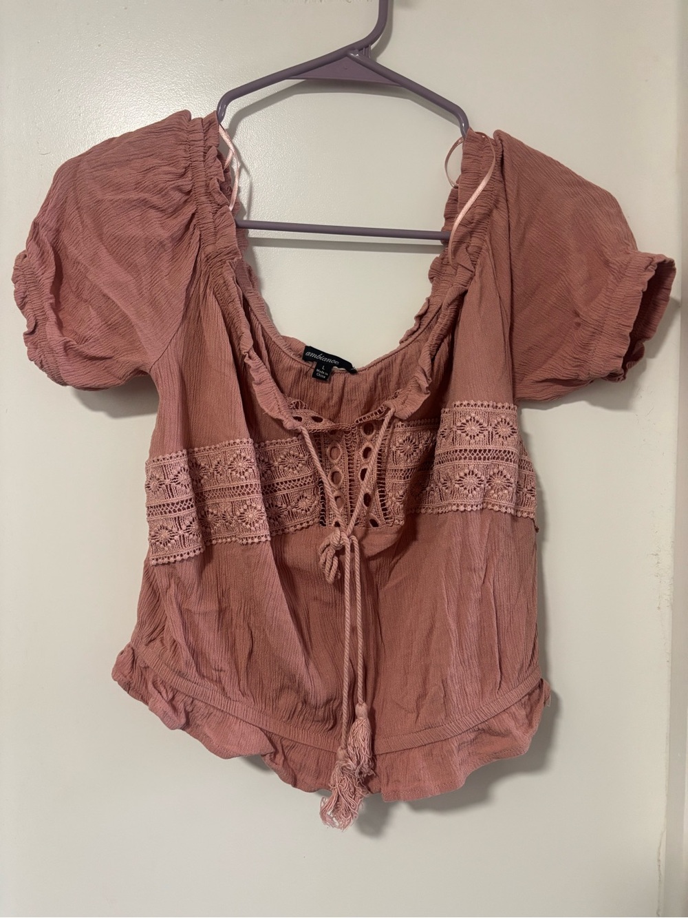 Ambiance Dusty Rose Crochet-Trim Peasant Top